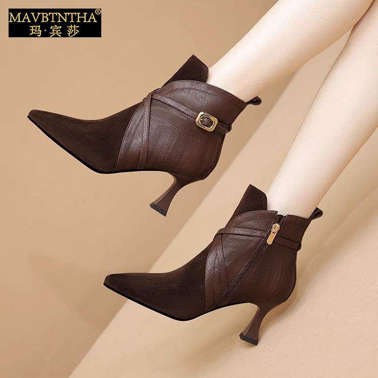玛宾莎法式真皮短靴女尖头粗跟踝靴时尚气质女靴加绒单靴高跟皮靴