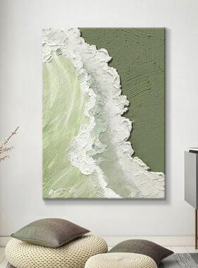 客厅立体肌理玄关装饰画海浪绿色丙烯画北欧石英砂抽象手绘油画画