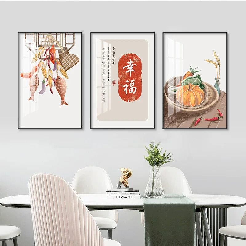 新中式三联餐厅装饰画中国风厨房壁画现代简约晶瓷画墙面装饰挂画
