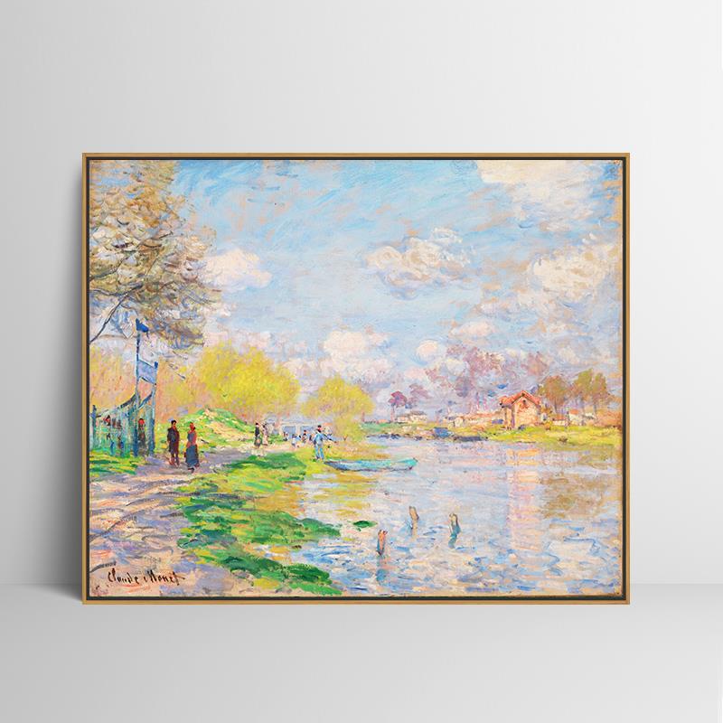 塞纳河畔的春天莫奈印刷喷绘仿制油画客厅装饰画挂画有框画墙画