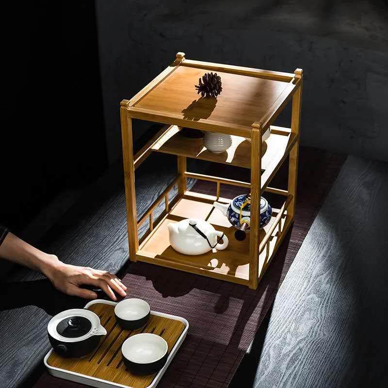 茶桌客厅摆件架子竹制置物架书房茶道收纳架家居装饰柜茶棚展示架