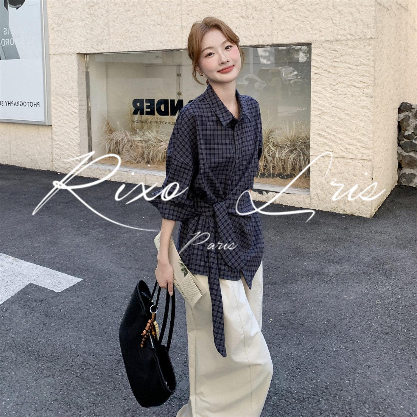 RIXO LRIS法式老钱风格子打底衬衫套装女春秋显瘦直筒长裤两件套