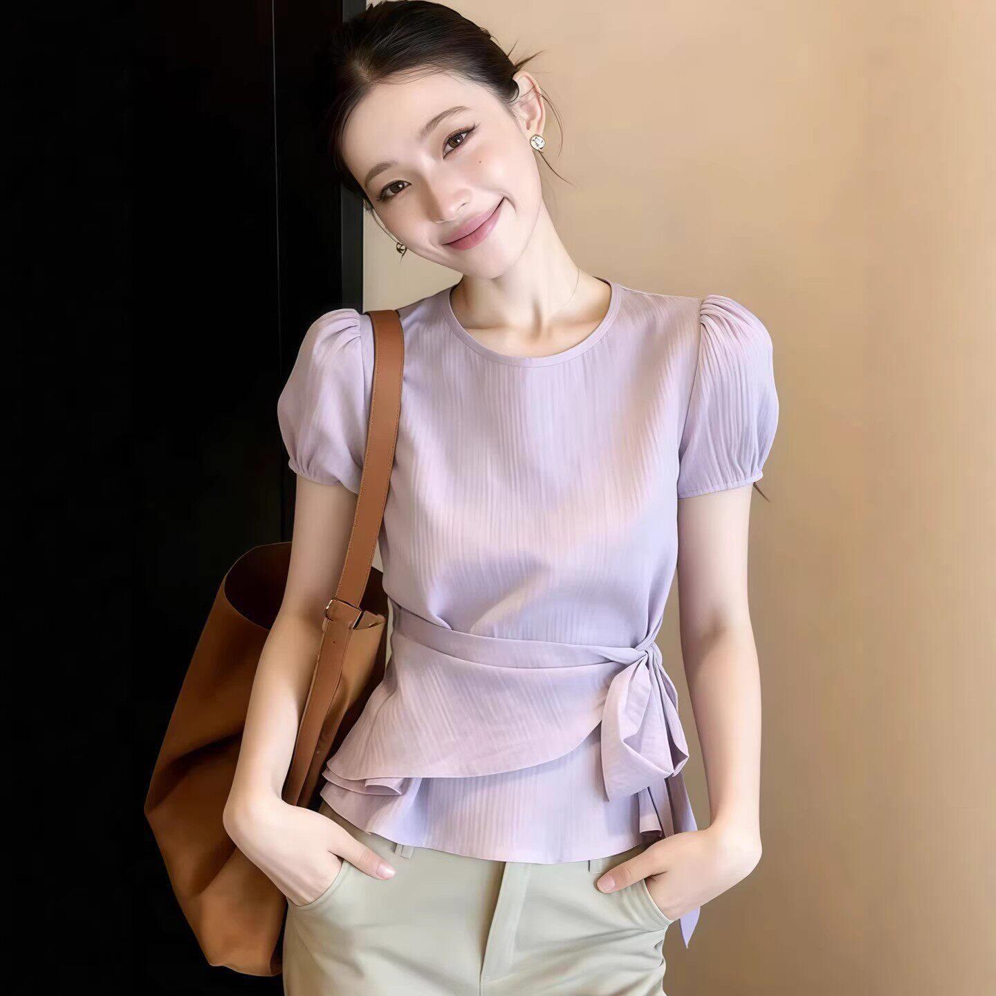 潮牌设计感绑带衬衫衬衣女款时尚新款轻奢独特漂亮泡泡袖绑带上衣