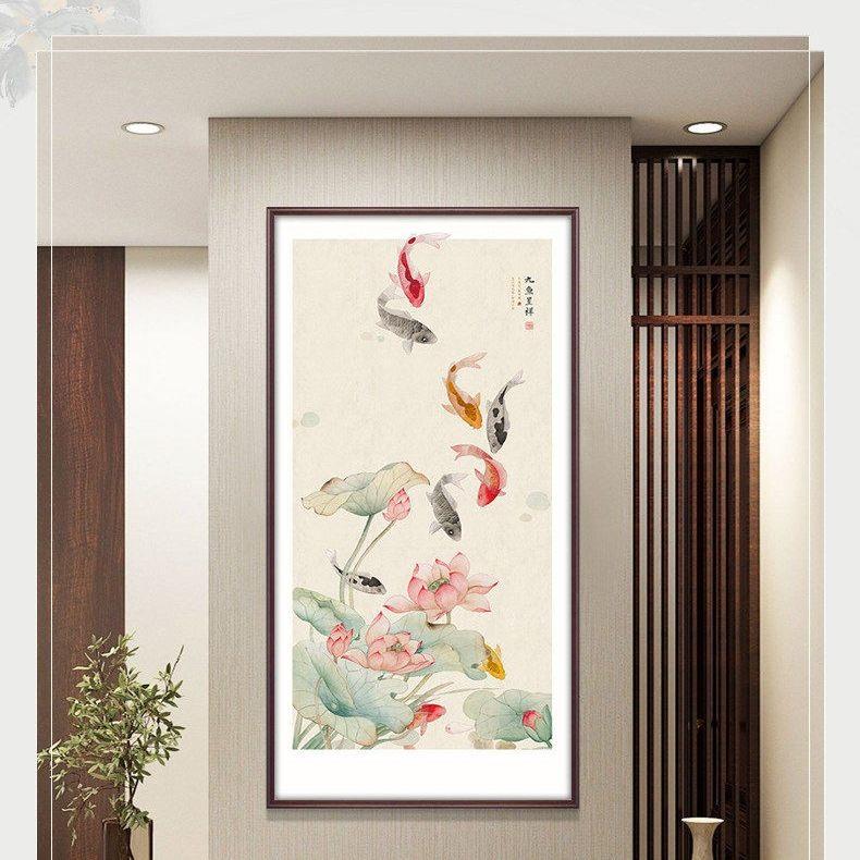 聚财九鱼图玄关荷花入户挂画新中式水墨装饰画牡丹图走廊书房壁画