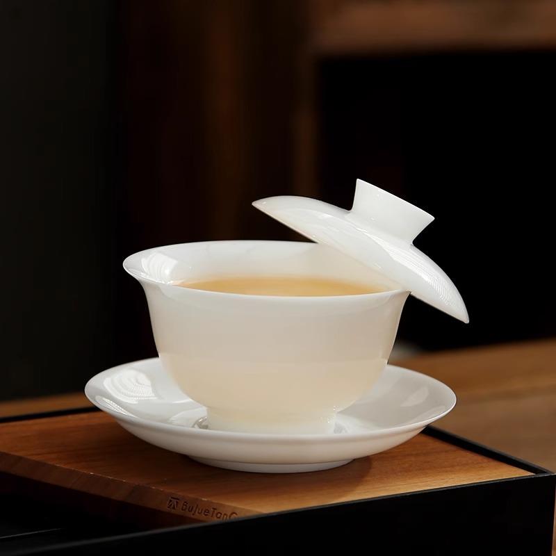 羊脂玉冰种三才盖碗茶杯白瓷单个高档茶具套装家用功夫碗带盖陶瓷