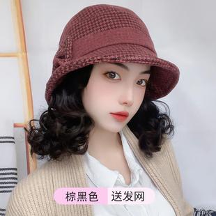 高档假帽子盆帽女冬季尚带短一发头发体礼帽时冬发天非真发妈妈中