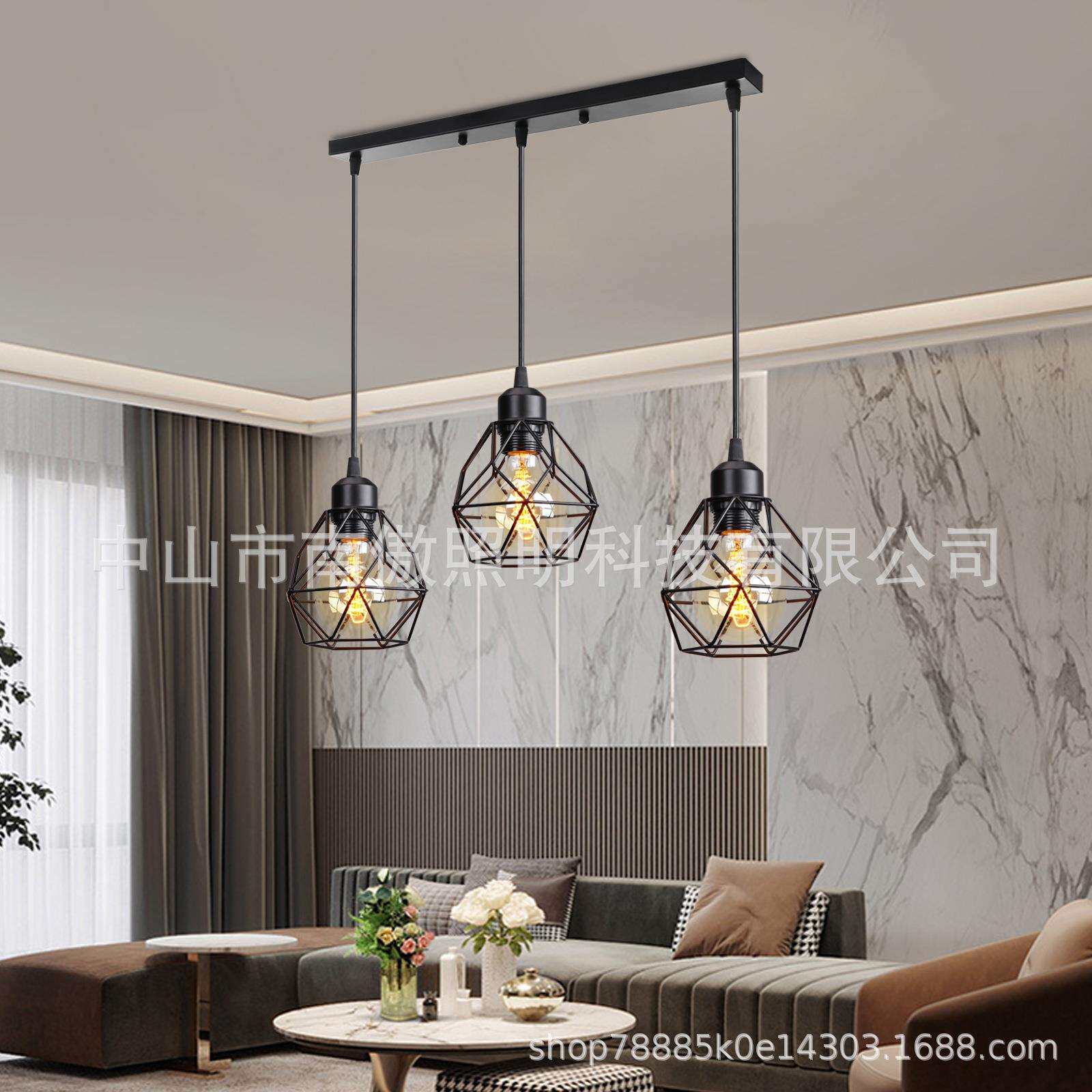 亚马逊新款北欧吊灯卧室客厅餐厅灯创意个性六边菱形铁艺灯饰厂家