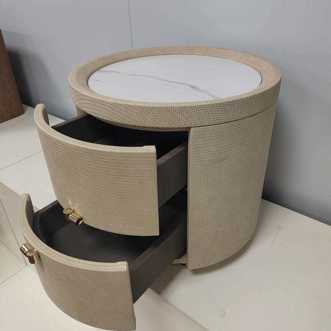 意式高端别墅椭圆形床头柜轻奢全实木卧室编织皮床边收纳免安装