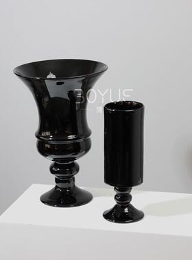中古KGU风简约纯黑色后壁艺术高脚风灯手琉璃花瓶面干工花鲜桌摆