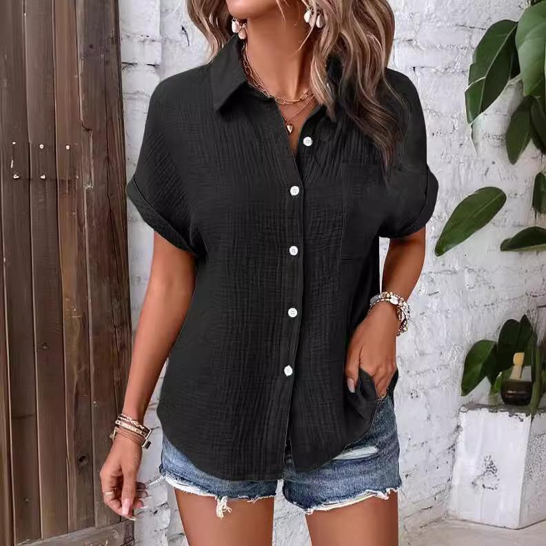 women bat Shirt solid button color casual womens wrinkled