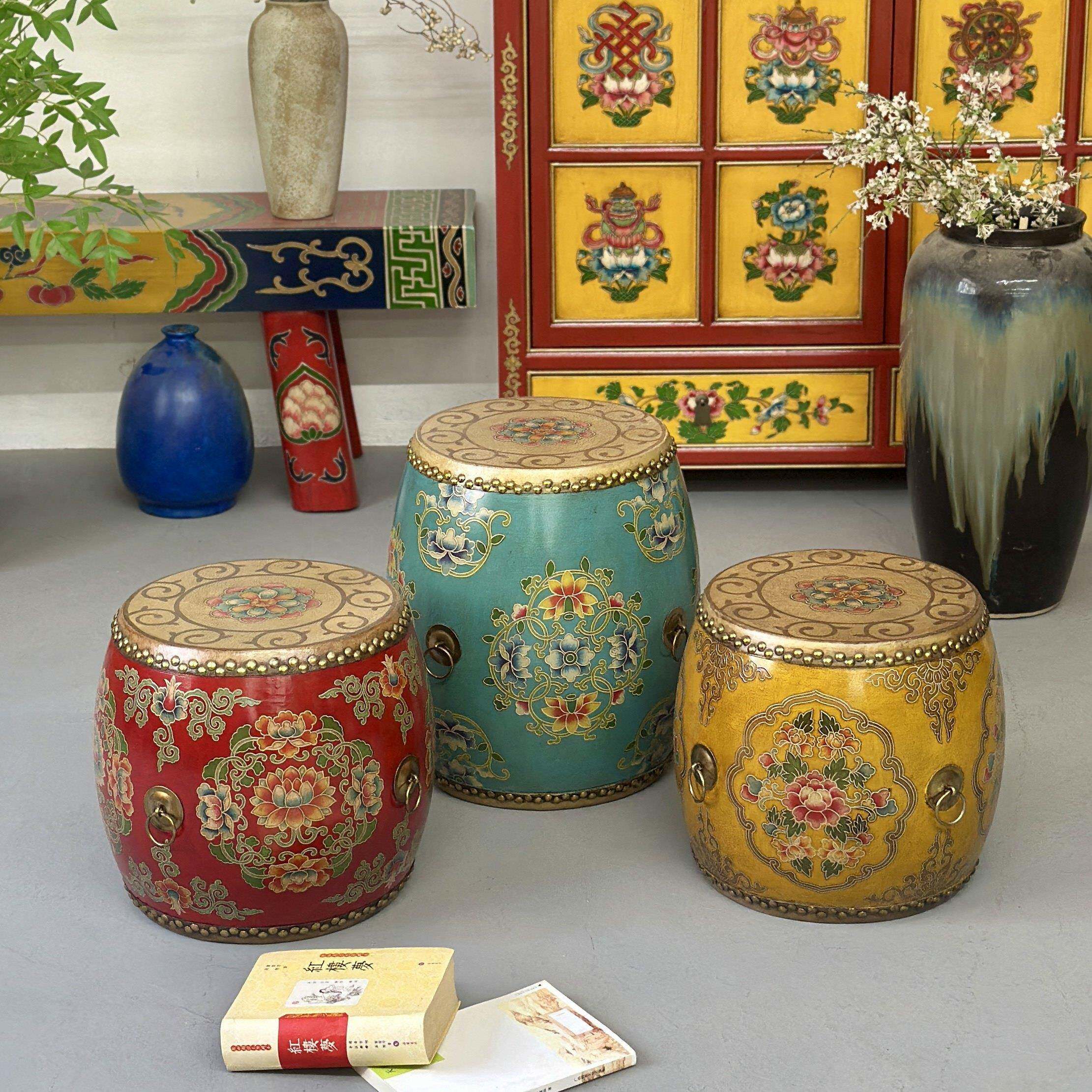 中式鼓凳鼓墩皮鼓实木彩绘凳子换鞋凳圆凳矮凳餐凳床尾古筝客厅凳