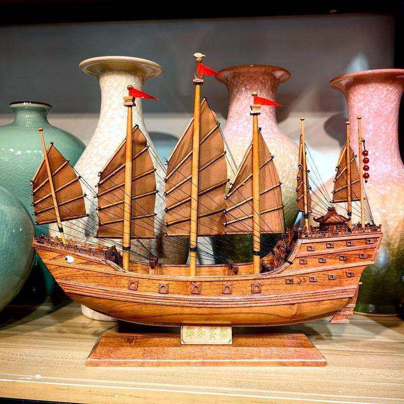 新款摆件古代船帆船模型装饰品木船手工摆件木质仿真工艺品一帆∑