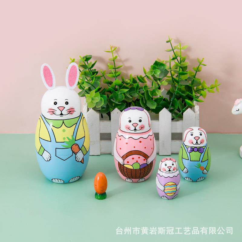 俄罗斯套娃木质家居装饰工艺品小兔子彩绘儿童节礼品玩具趣味