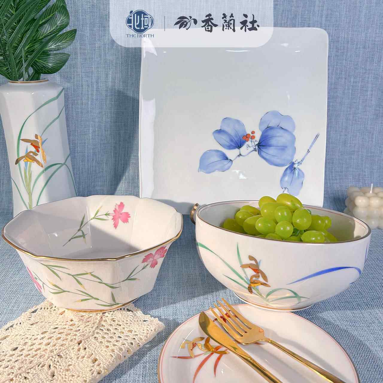 香兰社大碗进口日本制陶瓷手绘兰花玫瑰餐具菜盘面碗大钵汤碗鱼盘