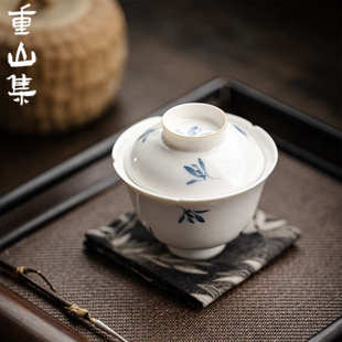 玉白泥手绘兰芯花口盖碗 重山集 功夫茶具釉下彩兰花茶空间泡茶碗
