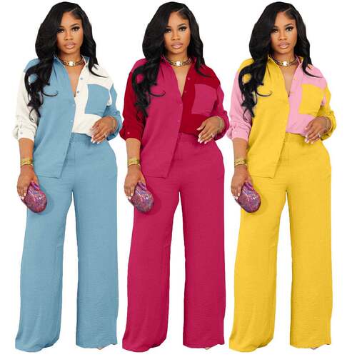 Women's Patchwork Print Button Front Shirt & Wide Leg Pants