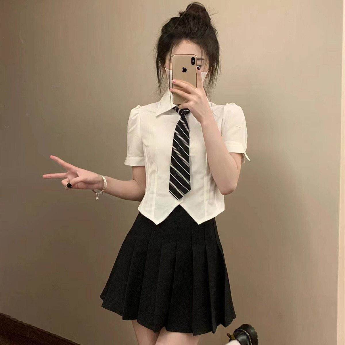 制服套装夏季学院风收腰白色衬衫女短袖设计感小众显瘦修身上衣