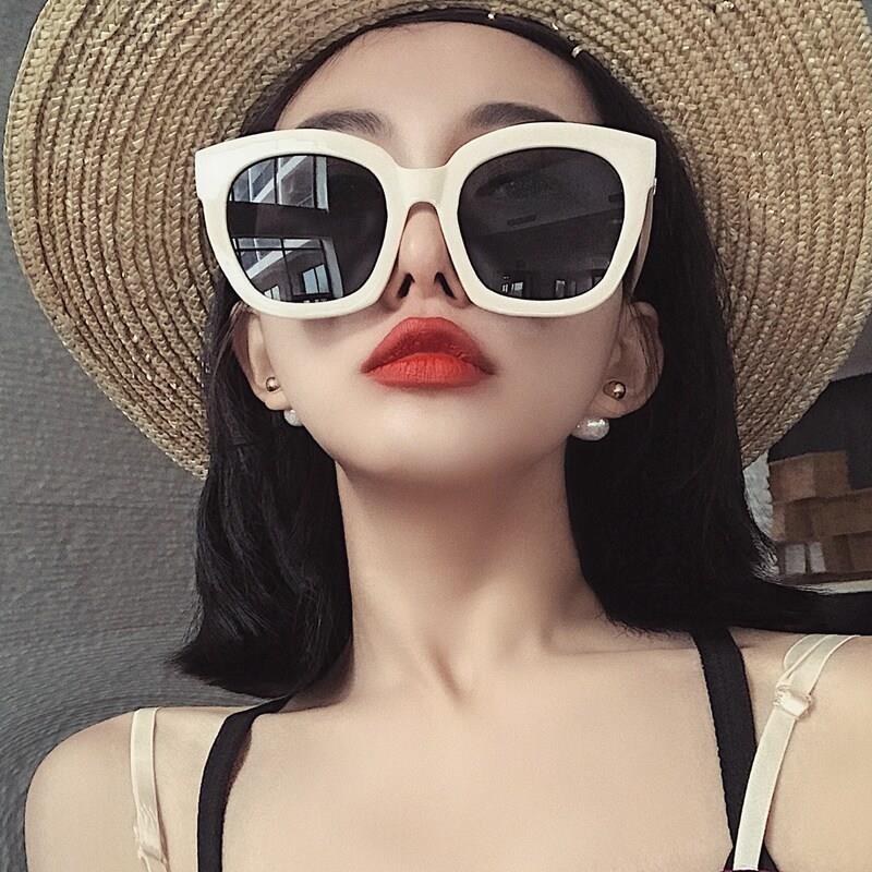 网红款超大框方形太阳眼镜女圆脸复古白色框韩版偏光太阳镜抗UV潮