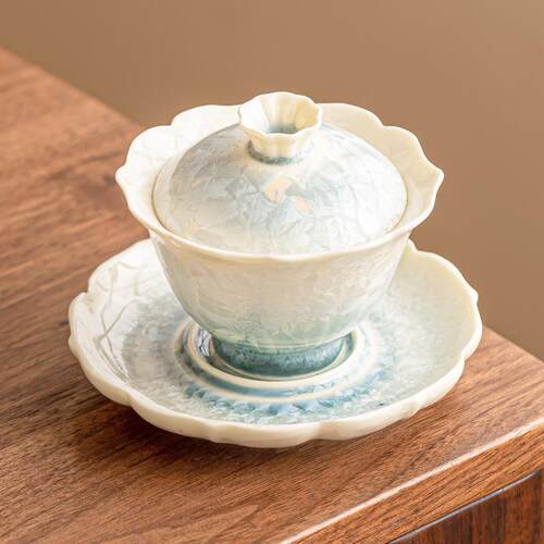 高档结晶釉盖碗茶杯湖绿葵口泡茶碗大号不烫手高颜值茶具防烫单个