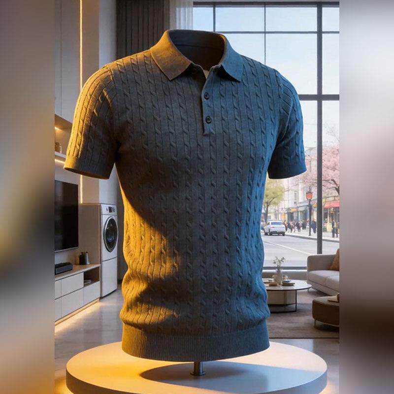 轻奢灰色老钱风针织短袖男款2026夏季正肩麻花t恤美式复古polo衫