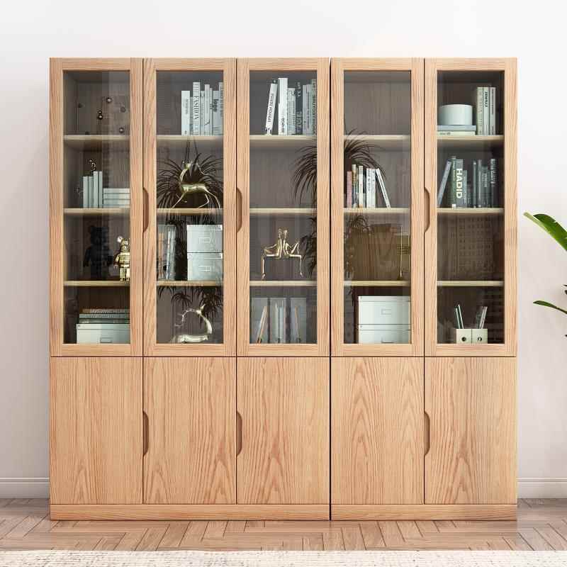 全实木橡木书柜带玻璃门组合书架书橱简约现代书房家用落地文件柜