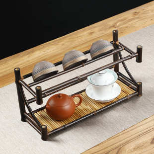 手工收纳竹制中式 盘紫竹架展示复古干茶具竹排泡双层架子茶杯沥水