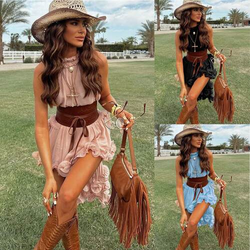 Two Piece Boho Chiffon Ruffle Set Sexy Halter High Low Top &
