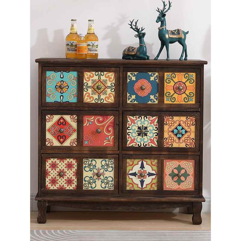 美式复古实木储物柜客厅抽屉式收纳柜彩绘斗柜卧室木质置物柜阳台