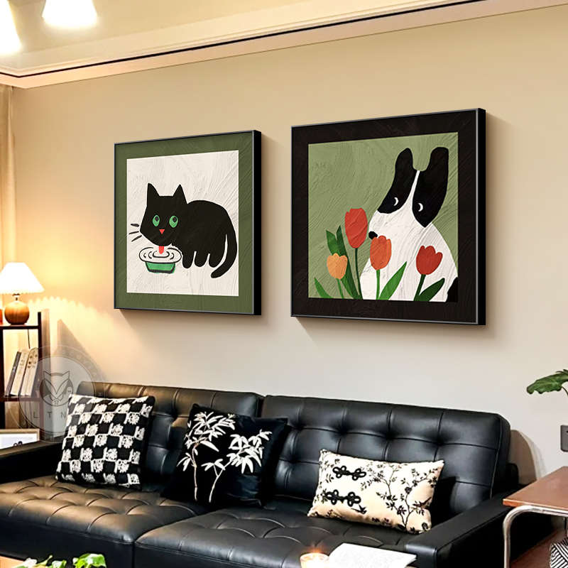中古风餐厅装饰画卡通动物多巴胺客厅挂画复古高级感组合卧室壁画