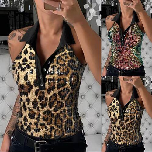 Women's V-neck sequined sleeveless top