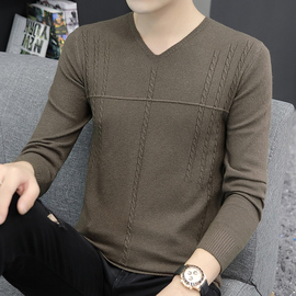 男士毛衣v领秋季韩版潮流青年，薄款打底衫上衣修身纯色针织长袖t恤