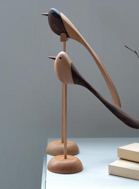 北欧实木小鸟摆件原木雕办公室软装装饰工艺品样板房电视书柜家居