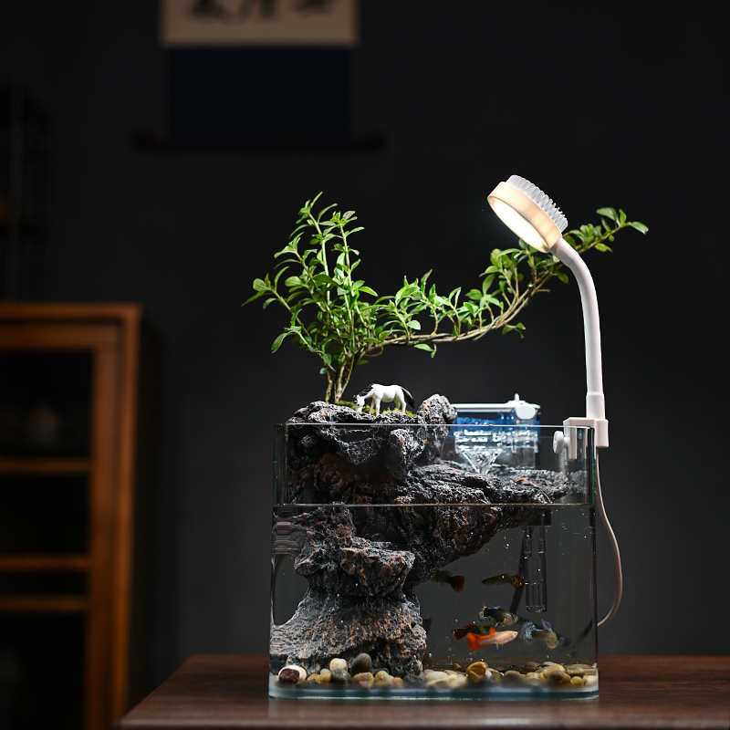 流水绿植鱼缸小型家用超白玻璃桌面斗鱼缸迷你微景观生态缸造景缸