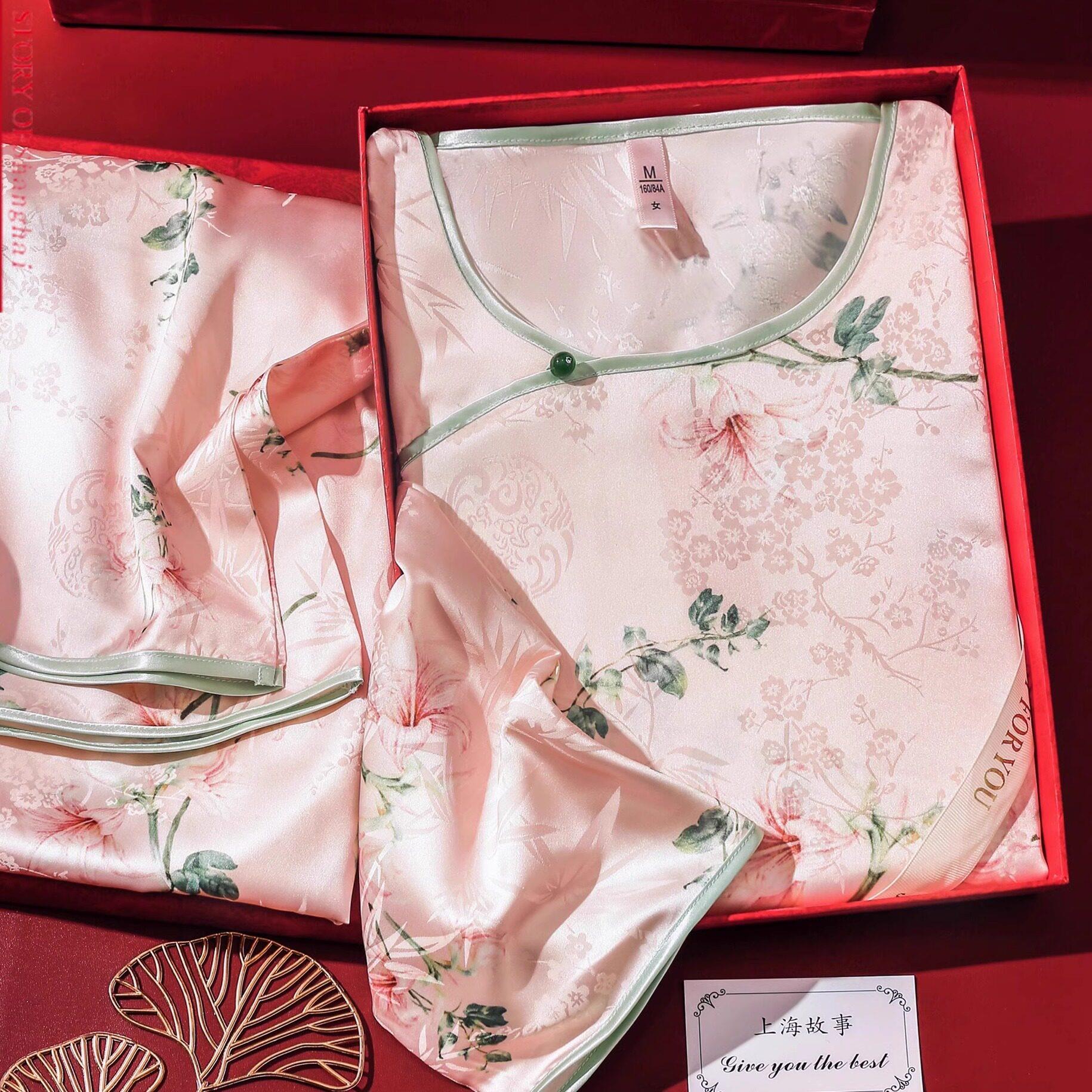 达芬奇密码新中式睡衣女带胸垫一叶知秋国风睡衣冰丝绸家居服春夏
