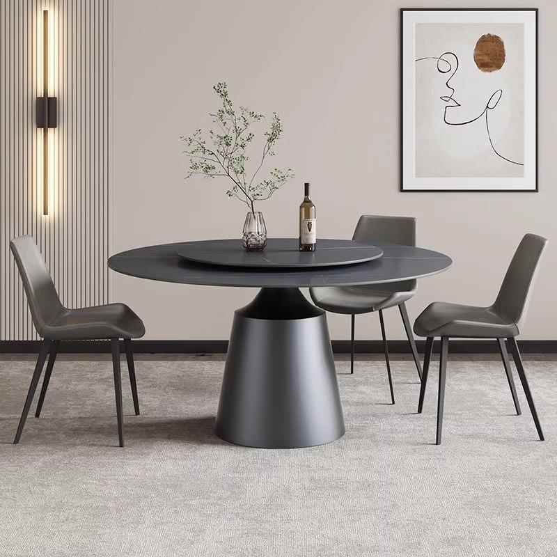 轻奢岩板餐桌椅组合现代简约家用小户型圆餐桌带转盘圆形吃饭桌子