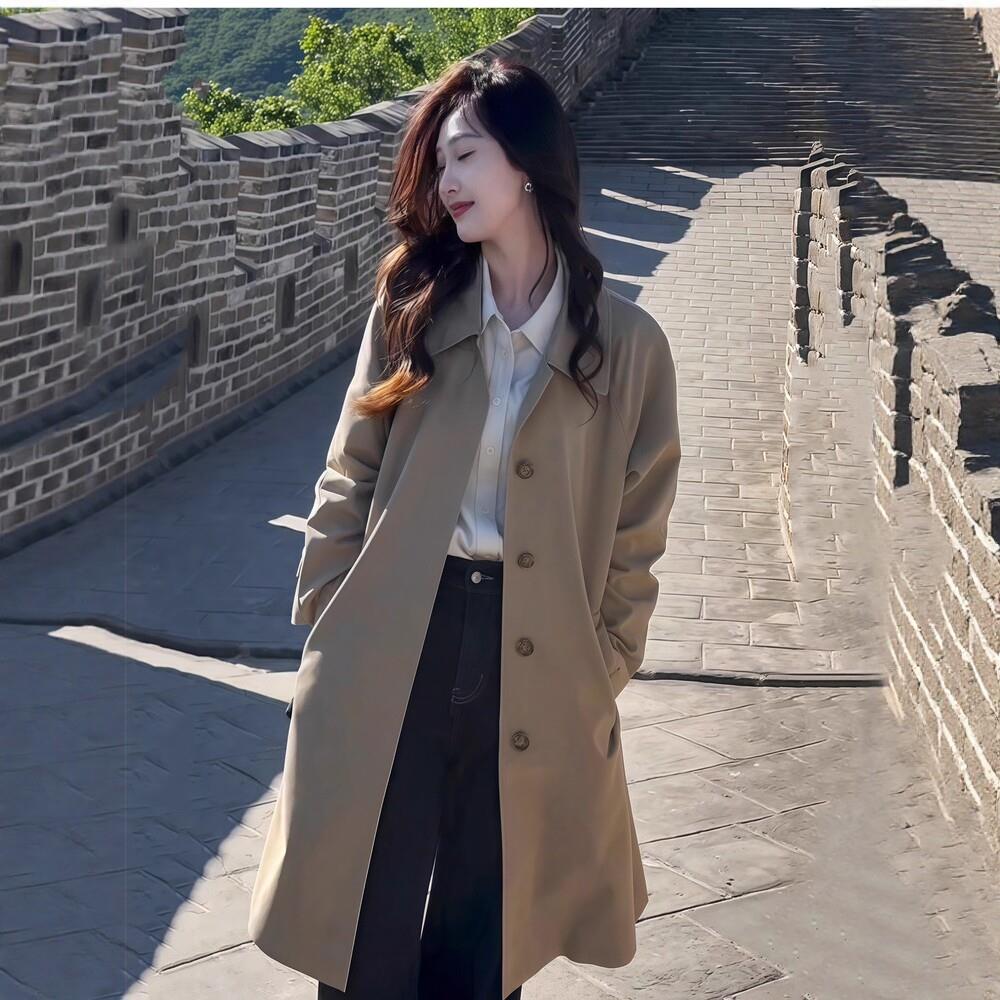 韩版时尚休闲风衣外套女中长款春秋季新款宽松显瘦百搭卡其色大衣