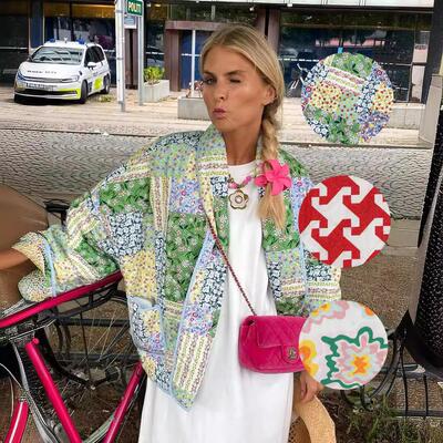 Women Cropped Floral Quilted Jacket Cardigan Printed