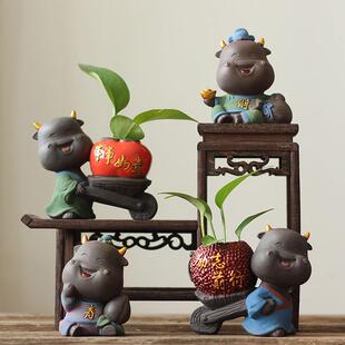 创意紫砂家居装 饰品精品茶宠摆件牛可爱水培花瓶绿萝植物花器摆设