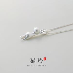 猫蛰S925纯银磨砂趴趴小猫咪项链甜美萌趣可爱气质女生锁骨链首饰