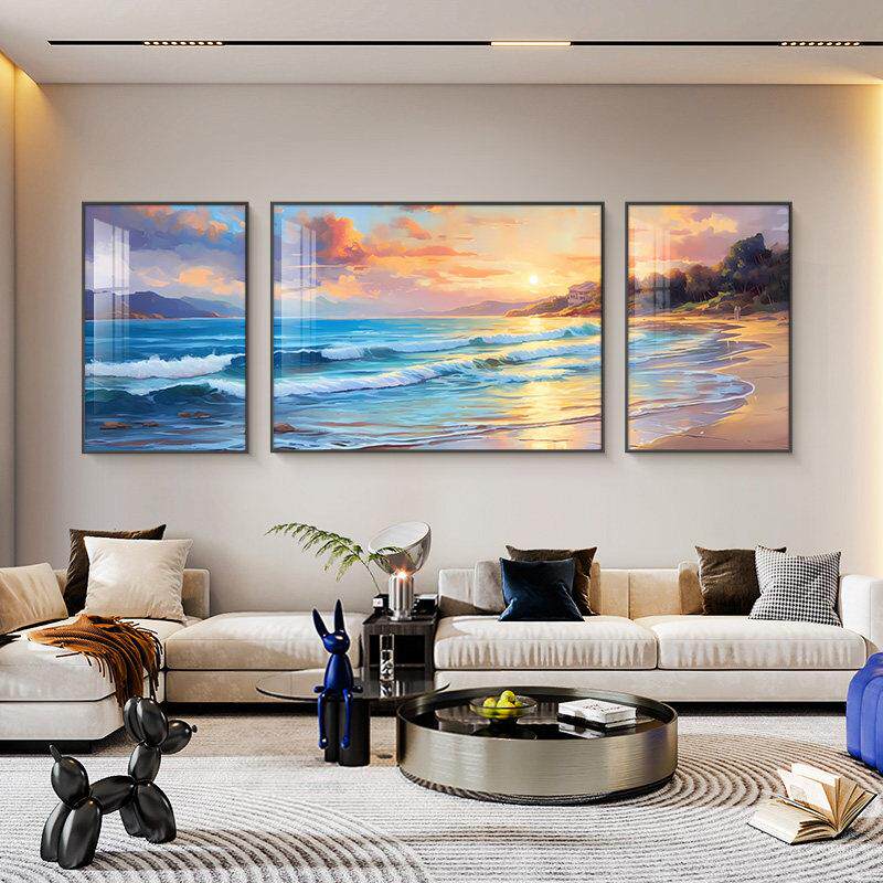 海景客厅装饰画现代简约海浪沙滩温馨三联壁画卧室沙发背景墙挂画