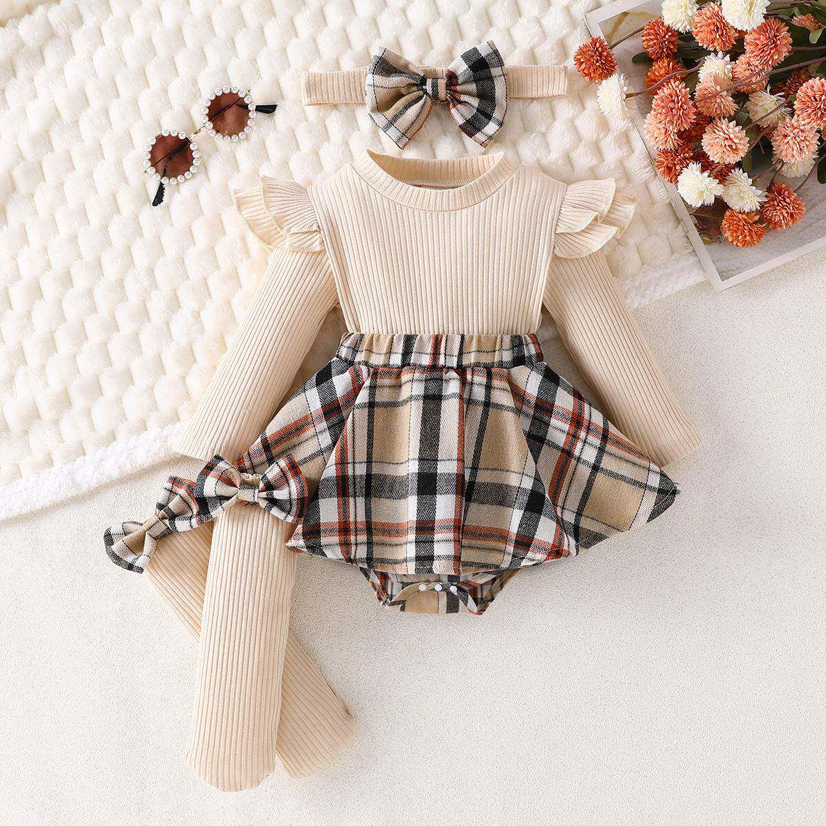 2piece baby girl hanging neck top and plaid printed bow