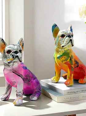 现代创意渐变歪头斗牛犬摆件家居装饰树脂工艺品乔迁之喜送礼