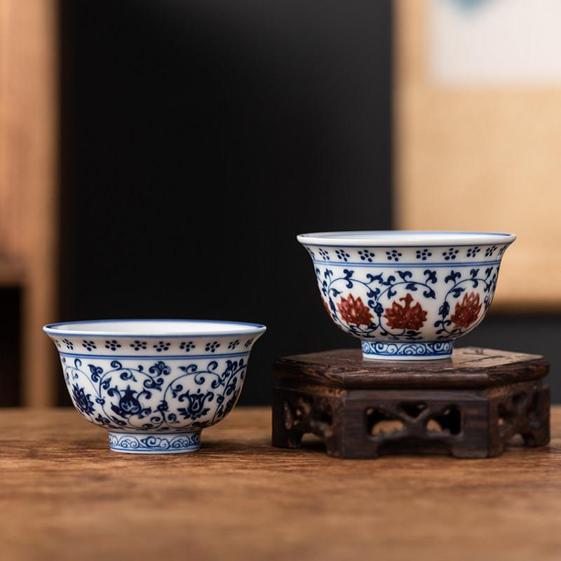 青花瓷主人杯单杯缠枝莲个人茶杯陶瓷家用茶盏茶碗功夫茶具品茗杯
