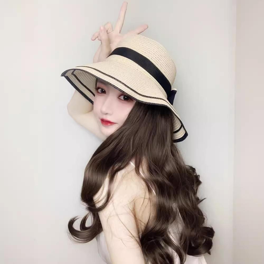 新款直销渔夫帽假发帽子一体时尚女夏天韩版潮带草帽长卷发时尚款
