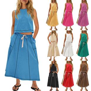 Women 2 Novelty Skirt Sets Beach Outfits Sleeveless Crew