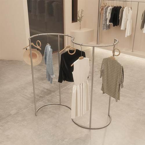 不锈钢弧形中岛架服装店展示架落地式货架陈列道具挂衣杆S型设计