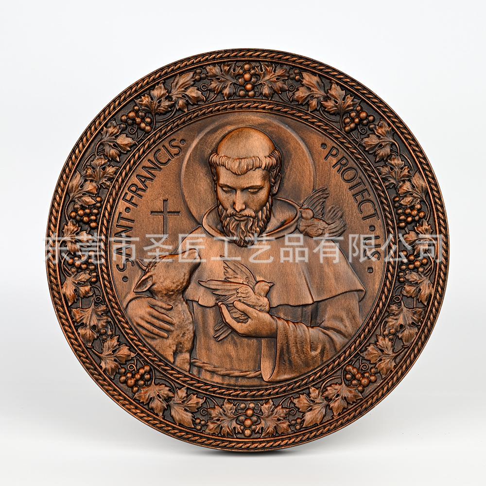 欧式圣弗朗西斯圣像木制工艺品圆盘实木家居桌面精致木雕摆件装饰