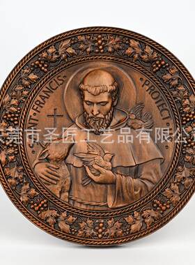 欧式圣弗朗西斯圣像木制工艺品圆盘实木家居桌面精致木雕摆件装饰