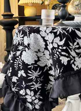 法式复古黑色系高级感雪尼尔印花桌布轻奢台布茶几床头柜盖巾家用