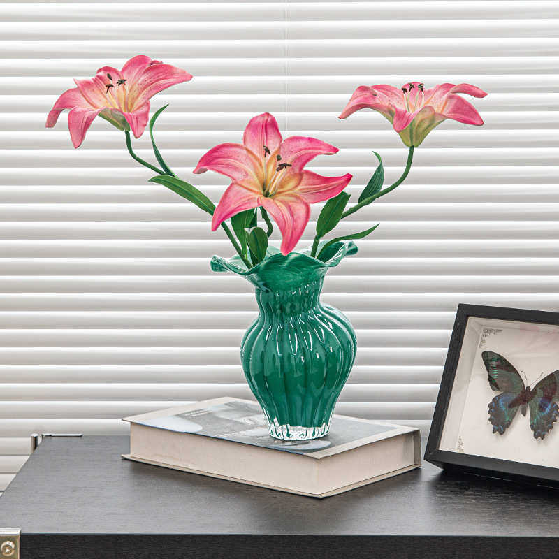 奢玻璃插花轻高级摆件花瓶中装饰视荷叶法式远创意造型感古风客厅,家居饰品,花瓶,淘宝优惠券,粉丝福利购,淘宝优惠卷